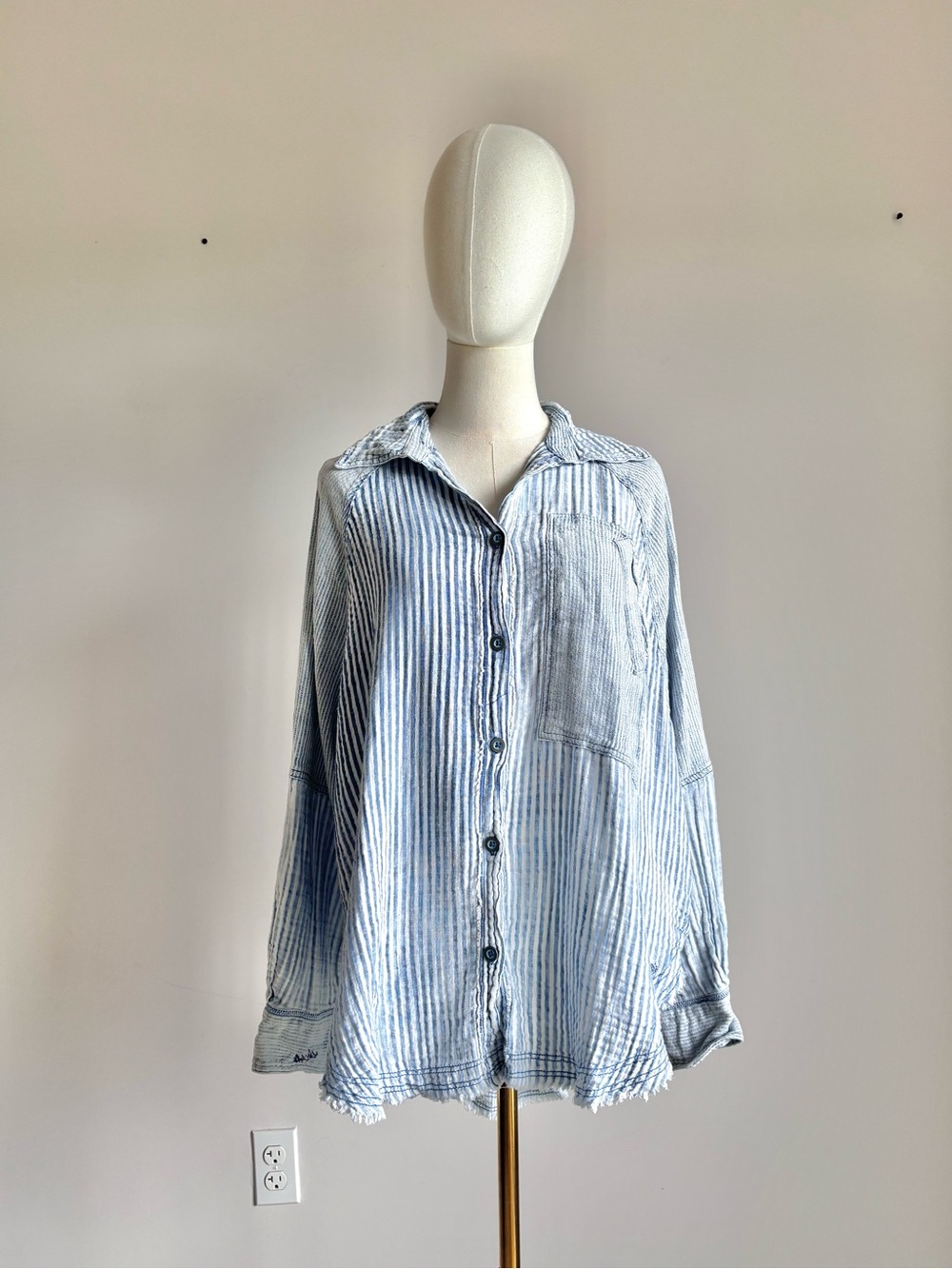 we the free free people blue striped raw hem oversized button up shirt size s